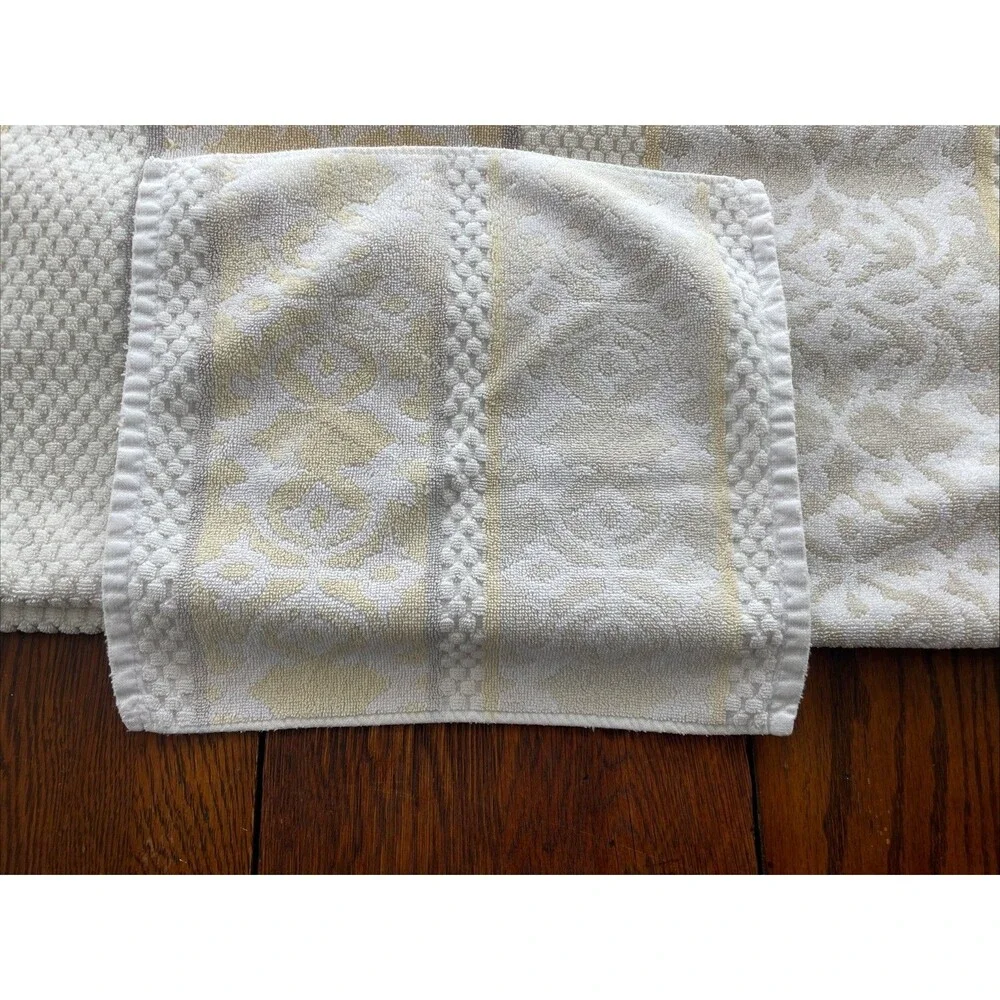 2 PC Towel Set Beau Monde Bath & Wash Cloth Scroll Stripe Neutrals 100% Cotton